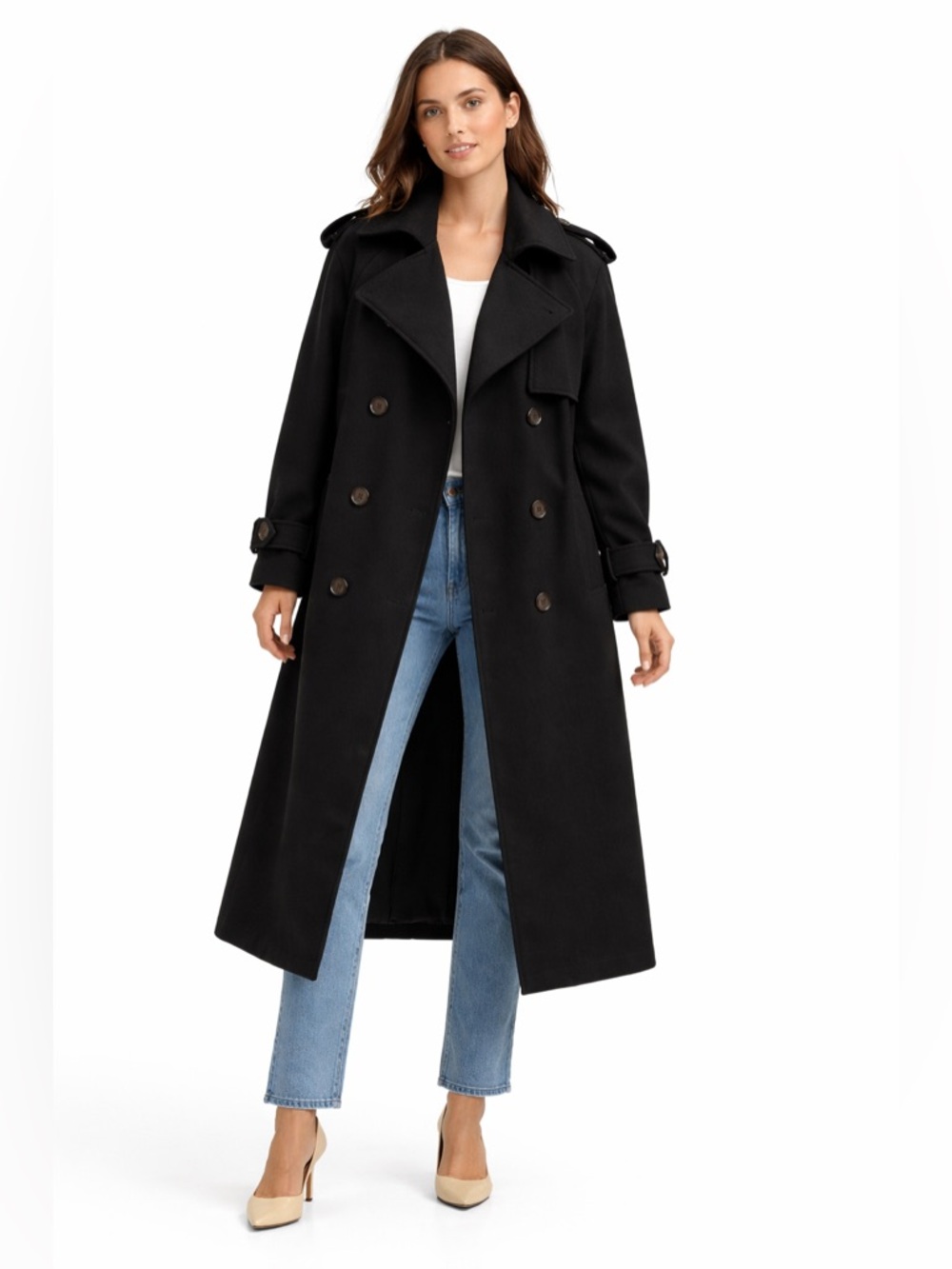 Long Black Double-Breasted Trench Coat